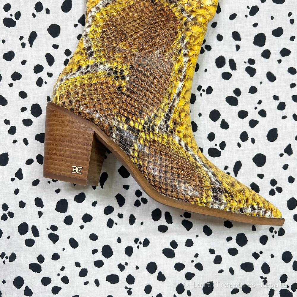 Sam Edelman | Lindsey Yellow Brown Snake Print Tall Leather Western Heel Boots 8 - Picture 5 of 11